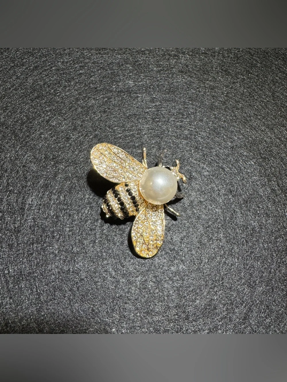 Gold Bee Brooch with Pearl Accent and Clear/Black Crystals